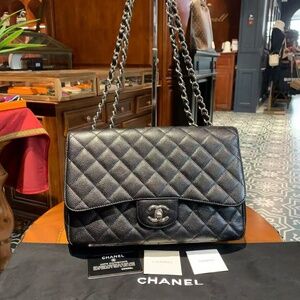 N16 Slightly Used Chanel Black Caviar leather Jimbo Cf 30cm Starts with 13